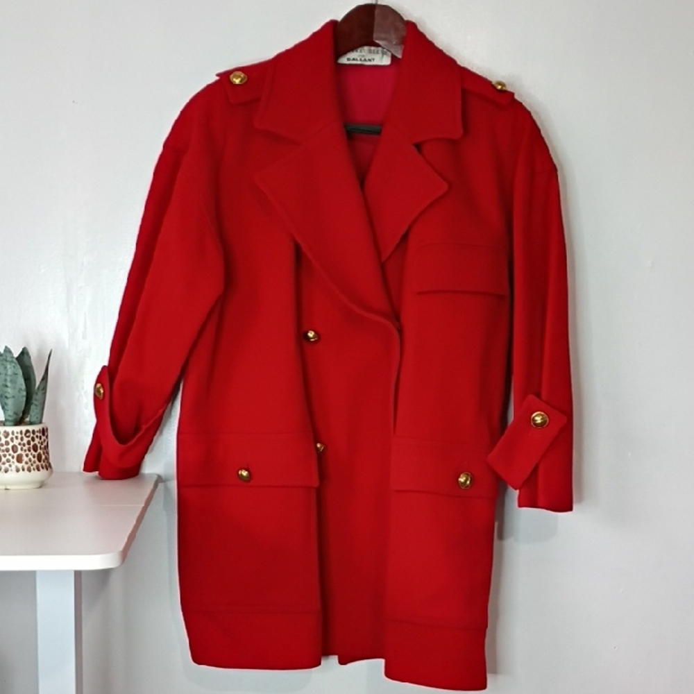 Geoffrey Beene For Gallant Red Trench Coat  Peacoat with Gold Buttons 100% Wool